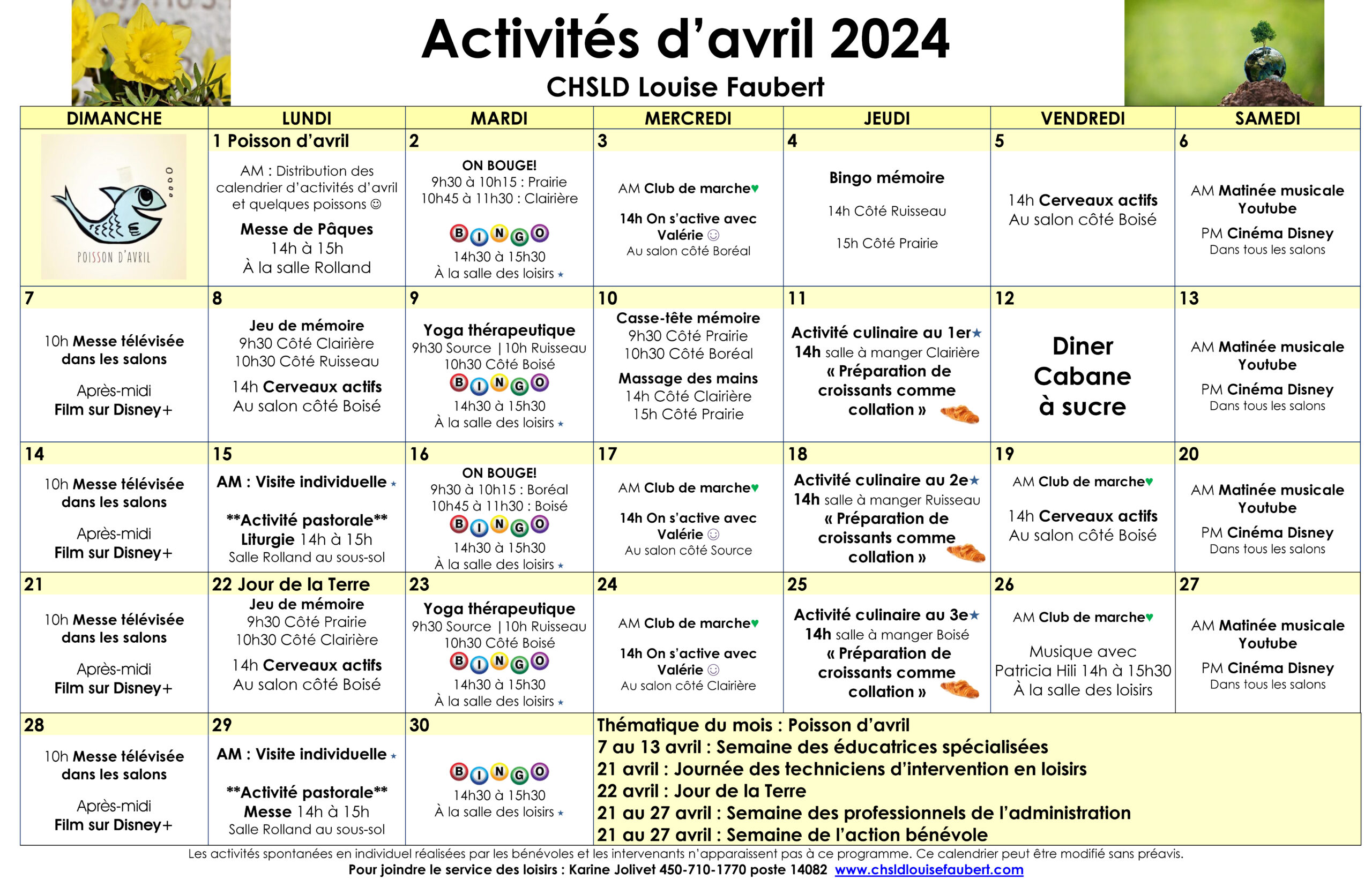 Calendrier des loisirs du mois d'avril 2024 pour les résidents du CHSLD Louise-Faubert