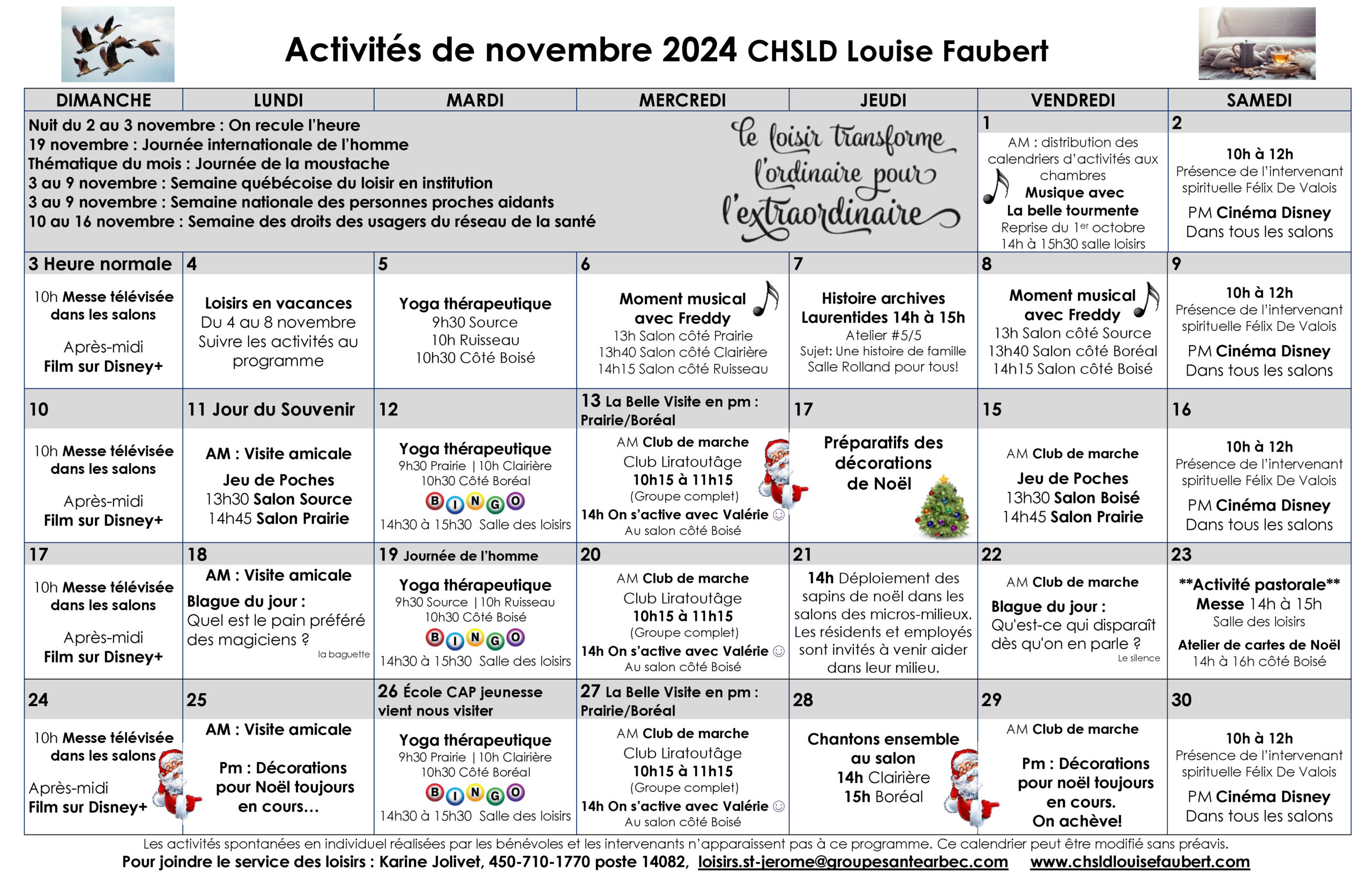 Calendrier des loisirs du mois de novembre 2024 pour les résidents du CHSLD Louise-Faubert