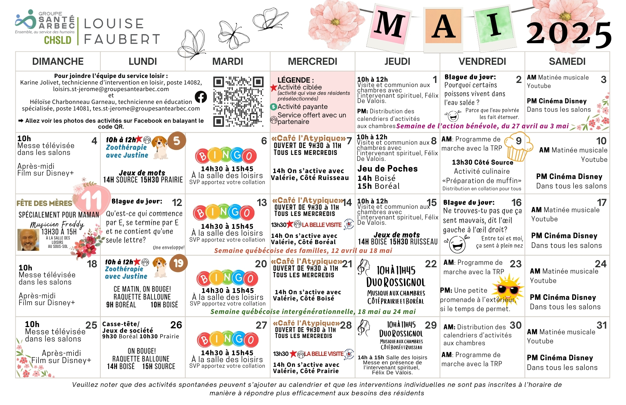 Calendrier des loisirs du mois de mai 2025 pour les résidents du CHSLD Louise-Faubert