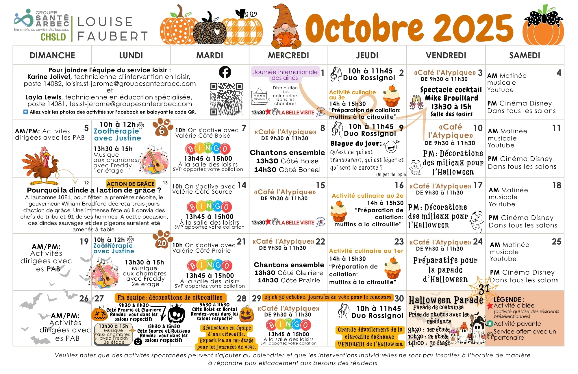 Activités de loisirs du mois d'octobre 2025 pour les résidents du CHSLD Louise-Faubert