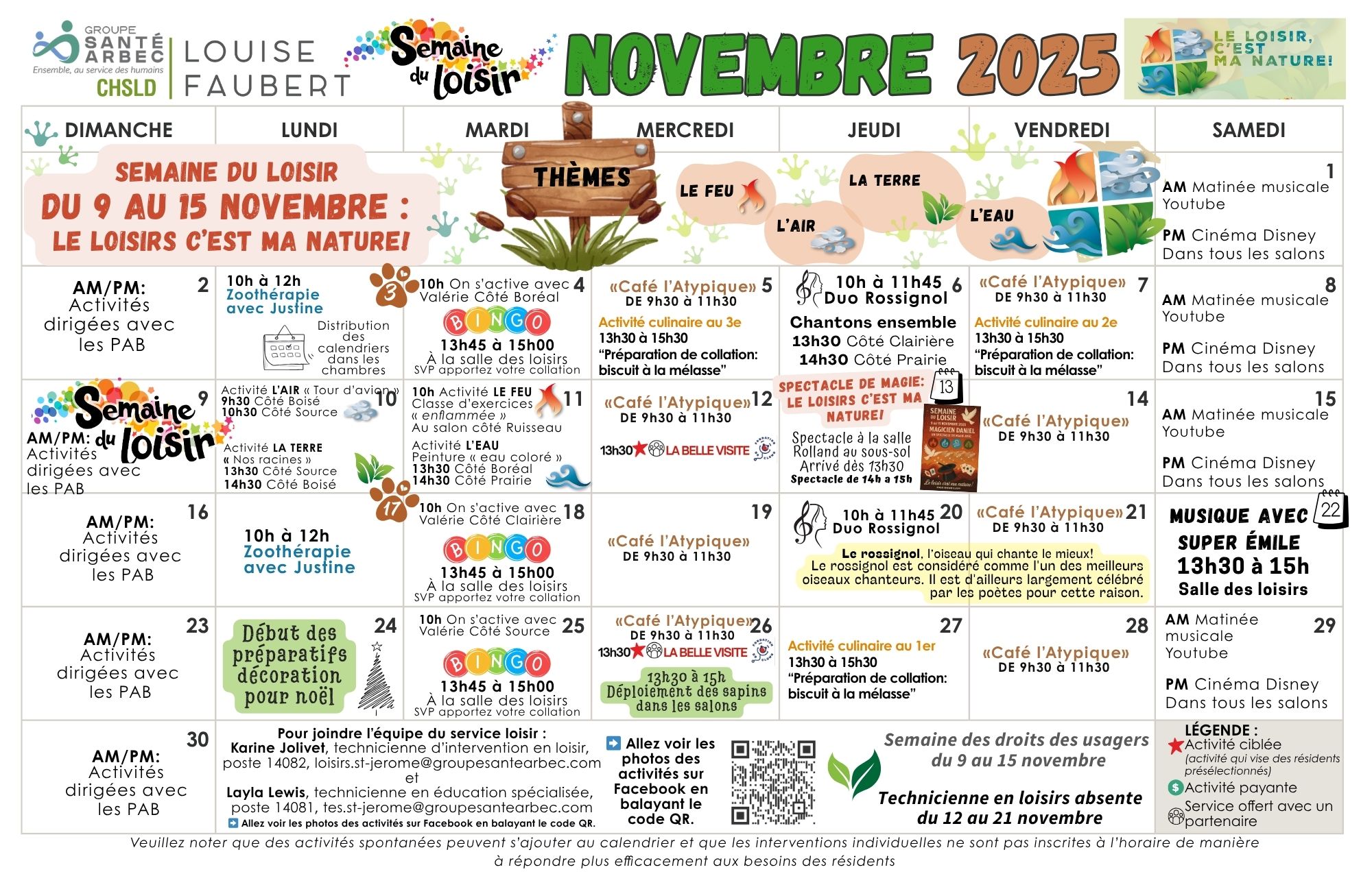 Activités de loisirs du mois de novembre 2025 pour les résidents du CHSLD Louise-Faubert
