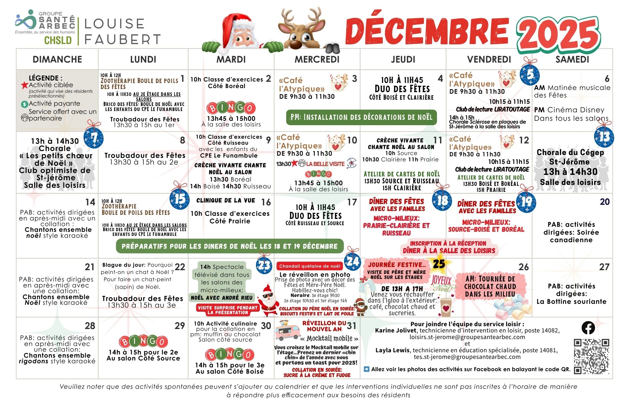 Activités de loisirs du mois de décembre 2025 pour les résidents du CHSLD Louise-Faubert