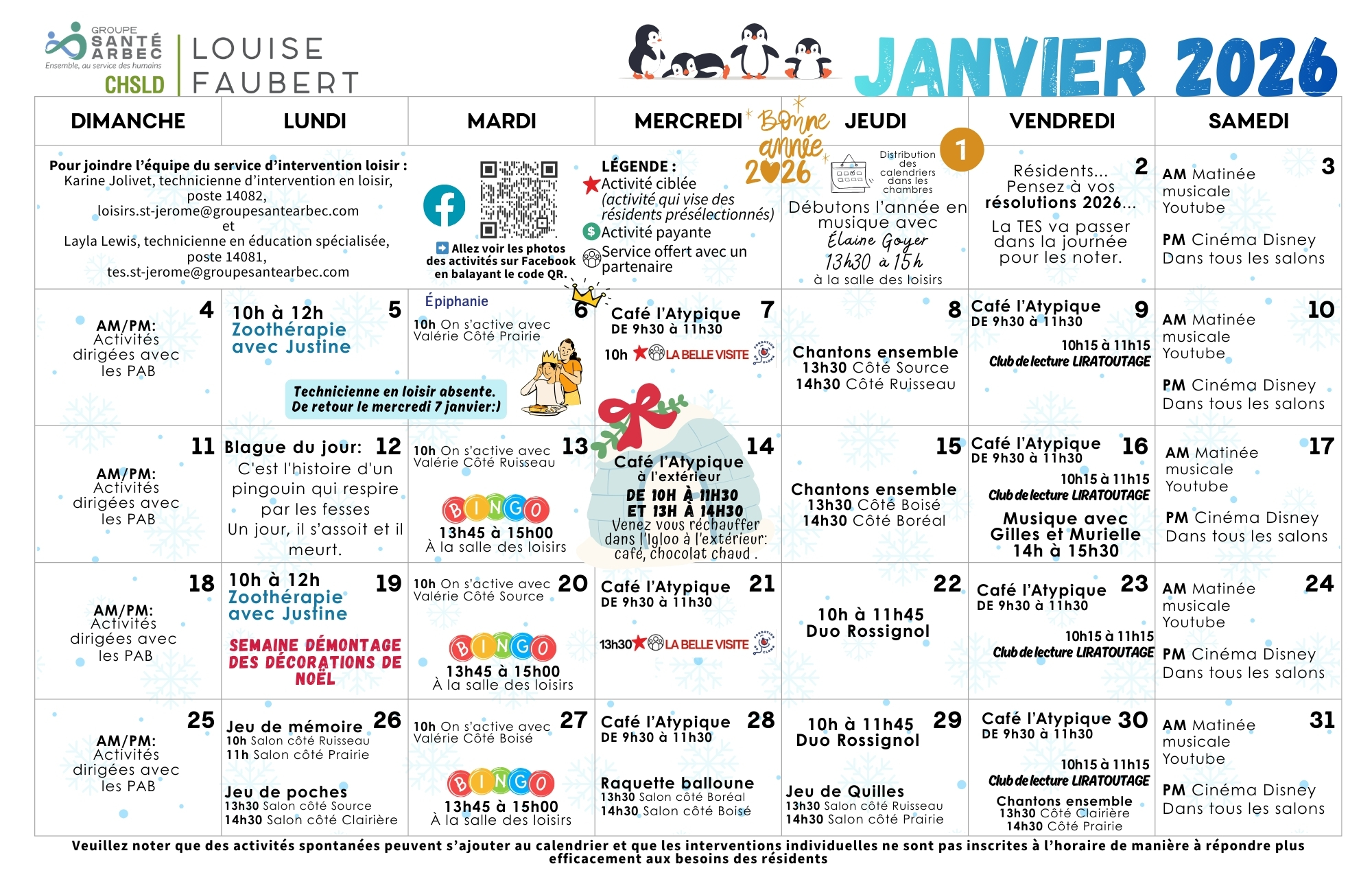 Activités de loisirs du mois de janvier 2026 pour les résidents du CHSLD Louise-Faubert