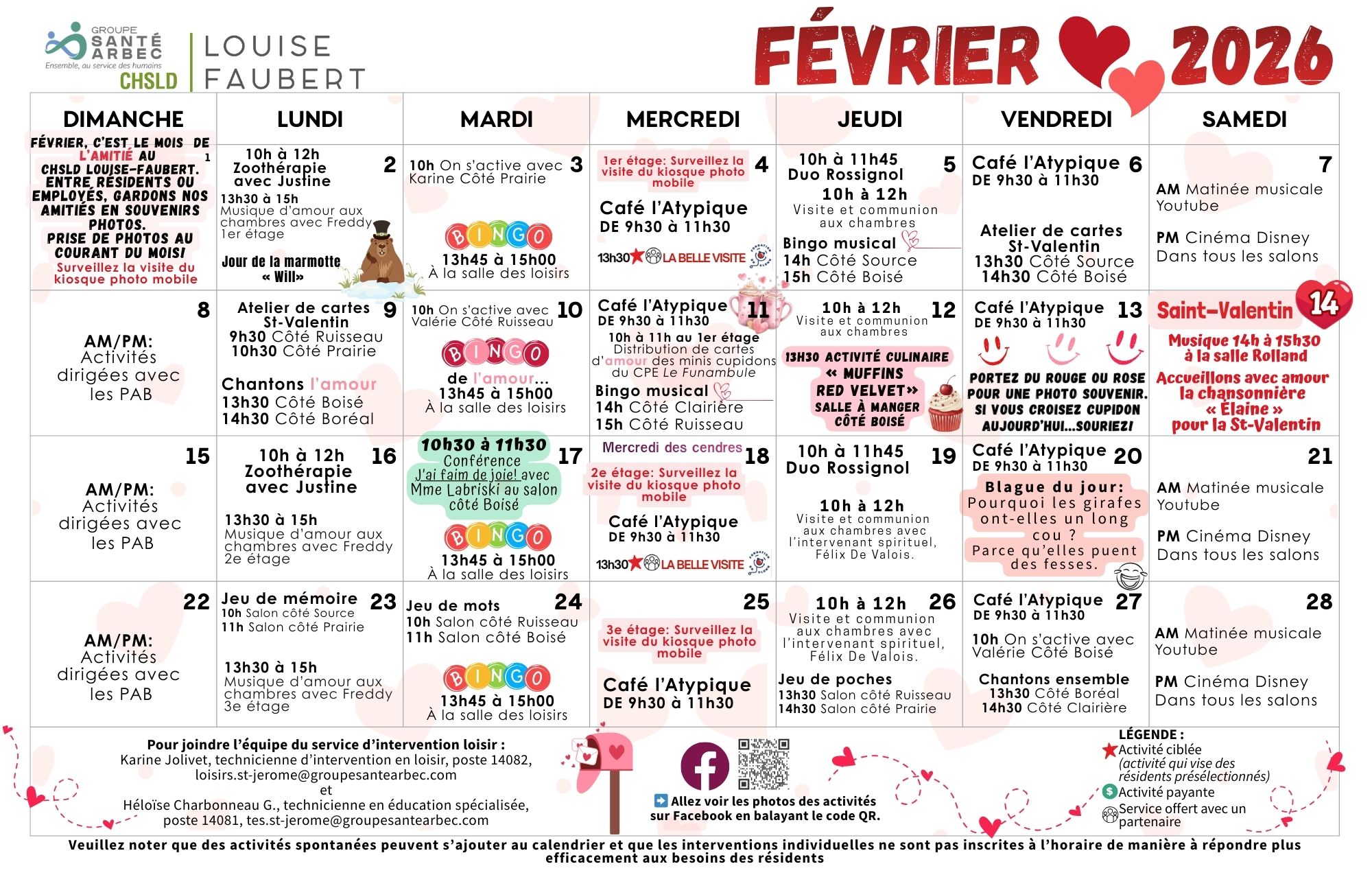 Activités de loisirs du mois de février 2026 pour les résidents du CHSLD Louise-Faubert