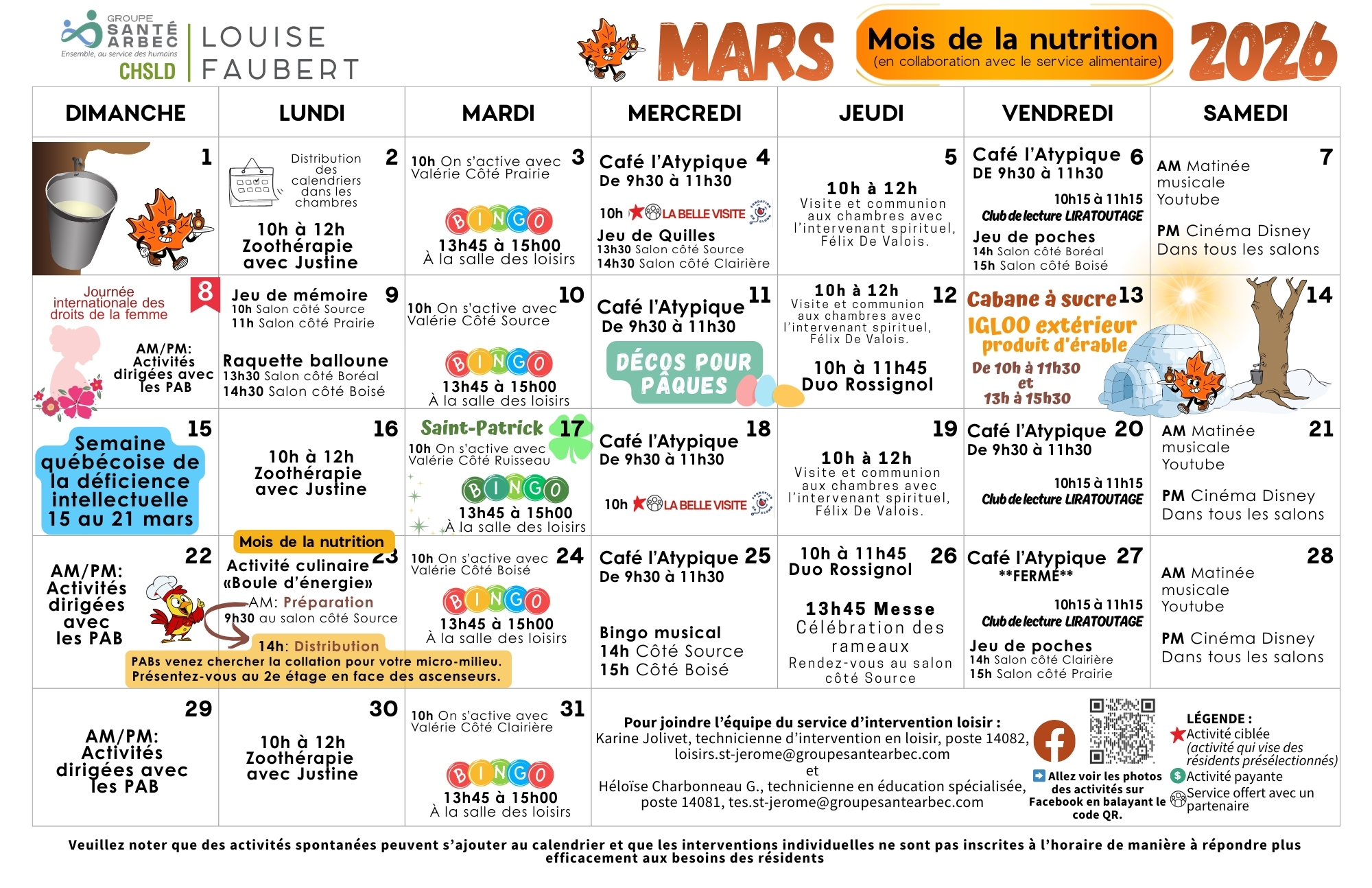 Activités de loisirs du mois de mars 2026 pour les résidents du CHSLD Louise-Faubert
