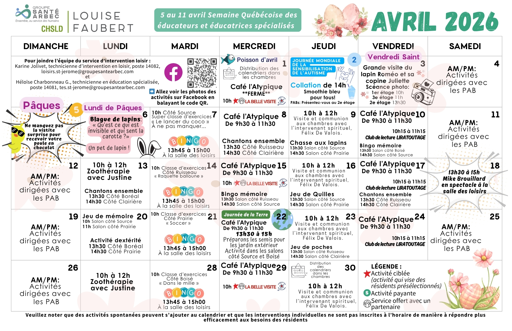 Activités de loisirs du mois d'avril 2026 pour les résidents du CHSLD Louise-Faubert