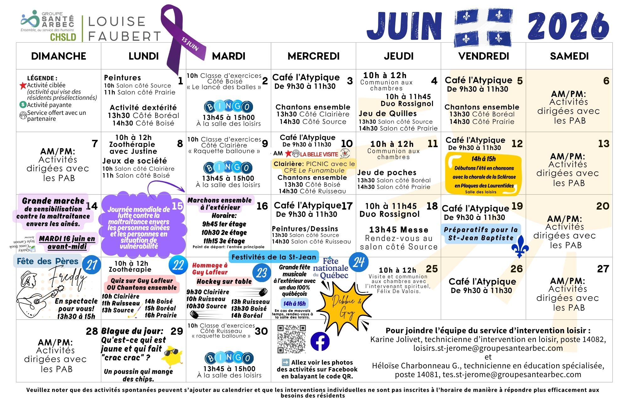 Activités de loisirs du mois de juin 2026 pour les résidents du CHSLD Louise-Faubert