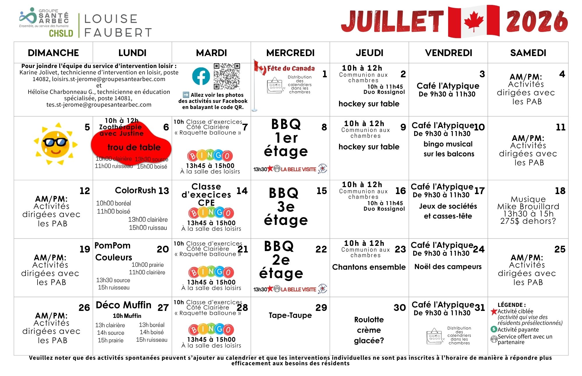 Activités de loisirs du mois de juillet 2026 pour les résidents du CHSLD Louise-Faubert