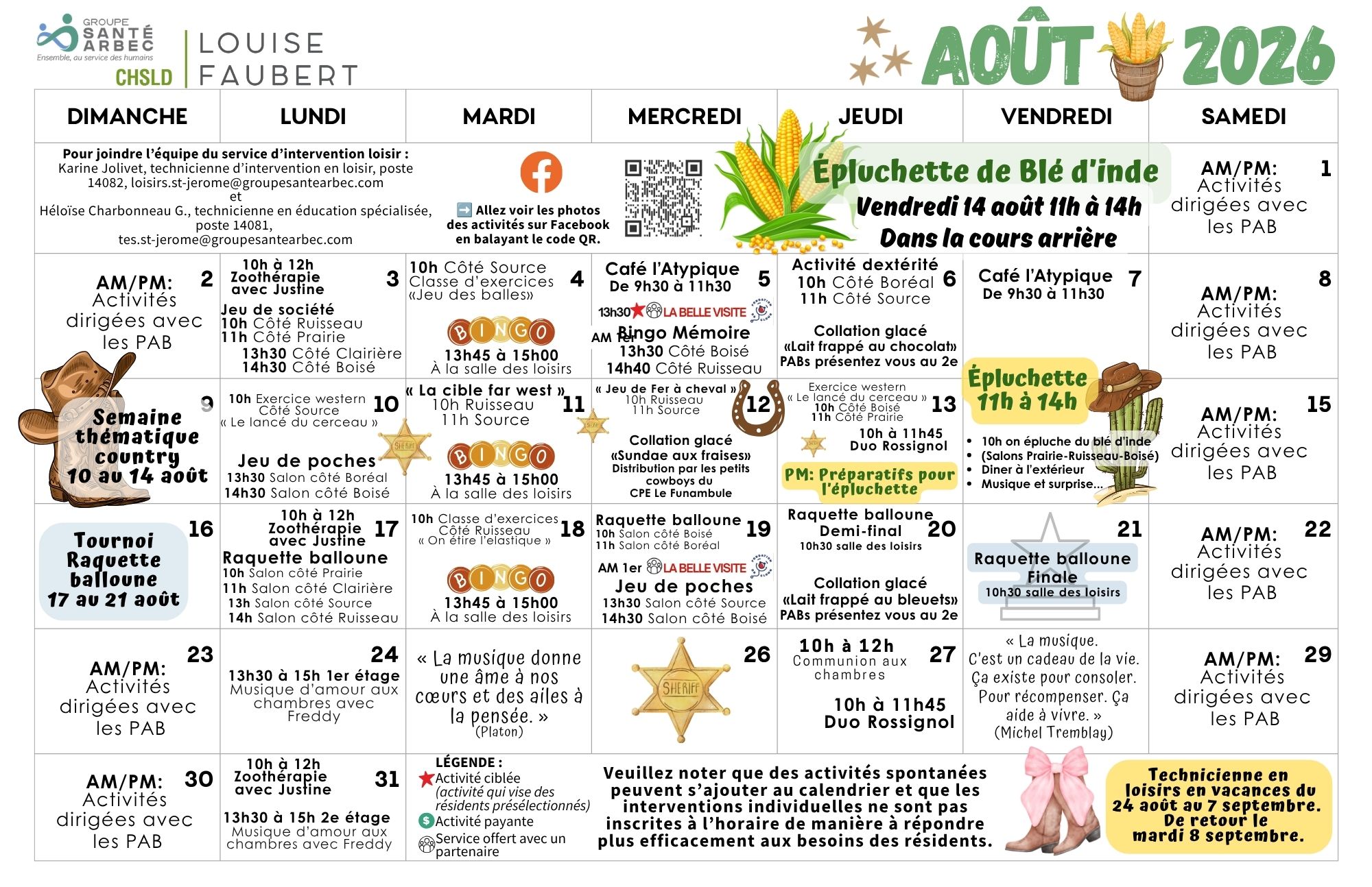Activités de loisirs du mois d'août 2026 pour les résidents du CHSLD Louise-Faubert