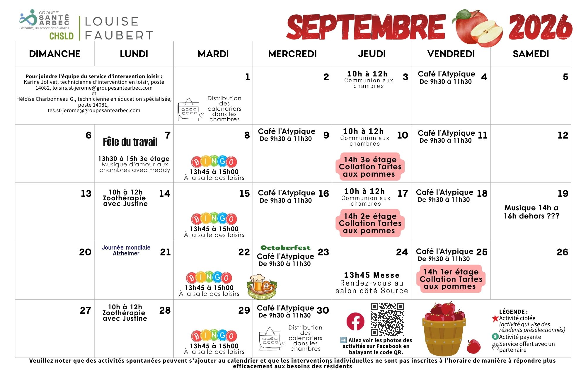 Activités de loisirs du mois de septembre 2026 pour les résidents du CHSLD Louise-Faubert